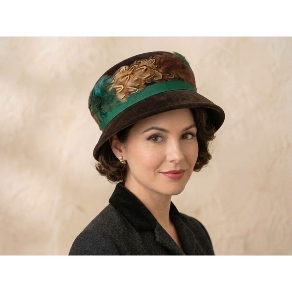 Vintage 1950s Feather Pillbox Hat Italian Wool Lonette Originals Brown Teal